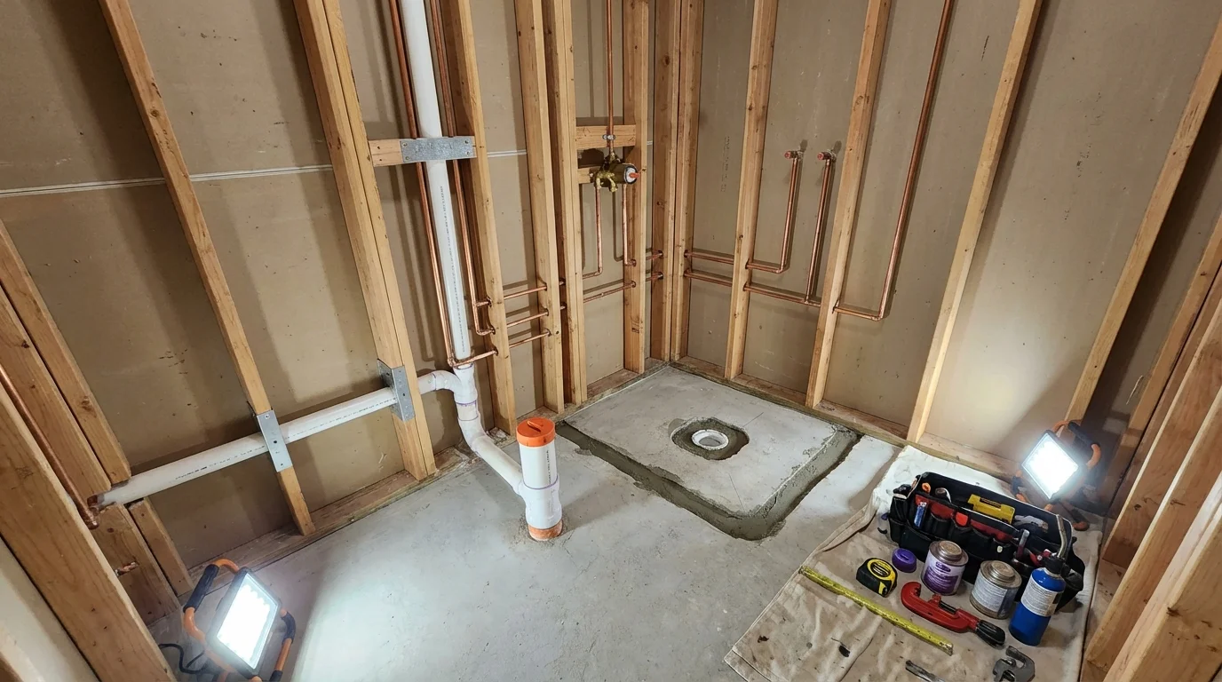 Bathroom rough-in plumbing during remodel by Johns Plumbing LLC in Forked River