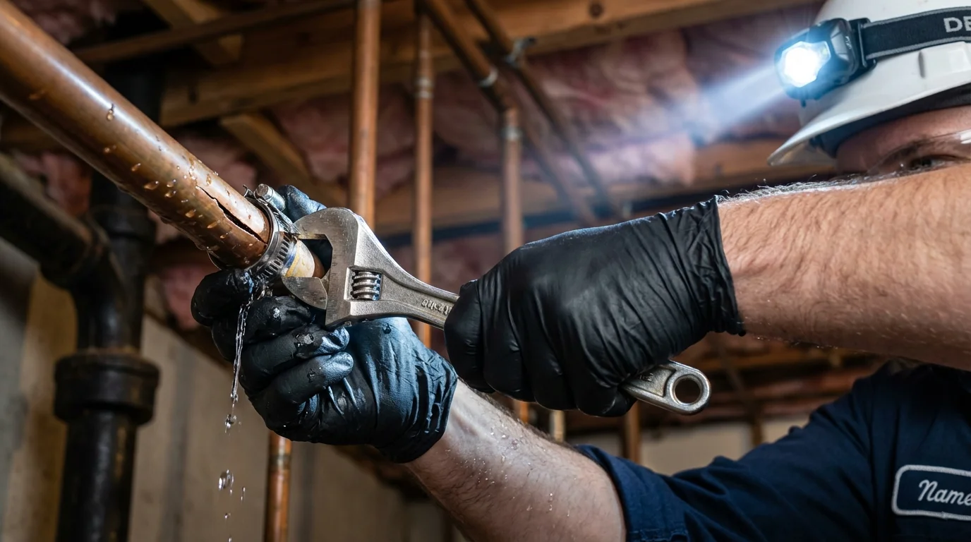 Emergency pipe clamp repair being performed by a Johns Plumbing LLC plumber in Forked River