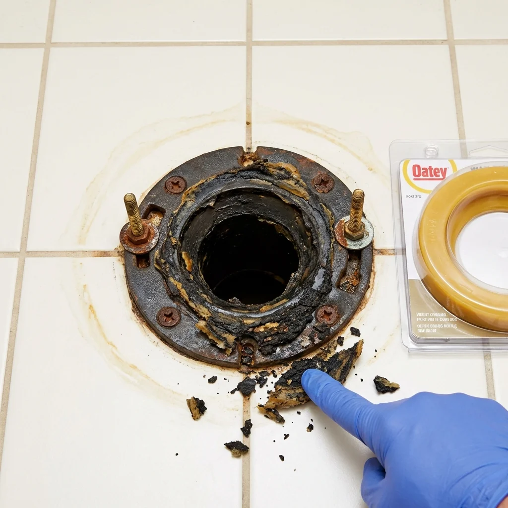 Failed wax ring showing water seepage at the base of a toilet in a Forked River, NJ home