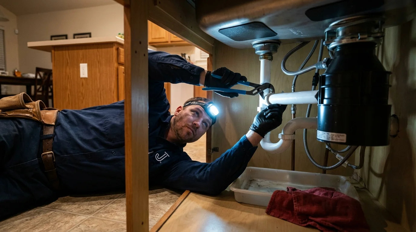 P-trap and supply line connections under a kitchen sink showing a common leak point in Forked River, NJ
